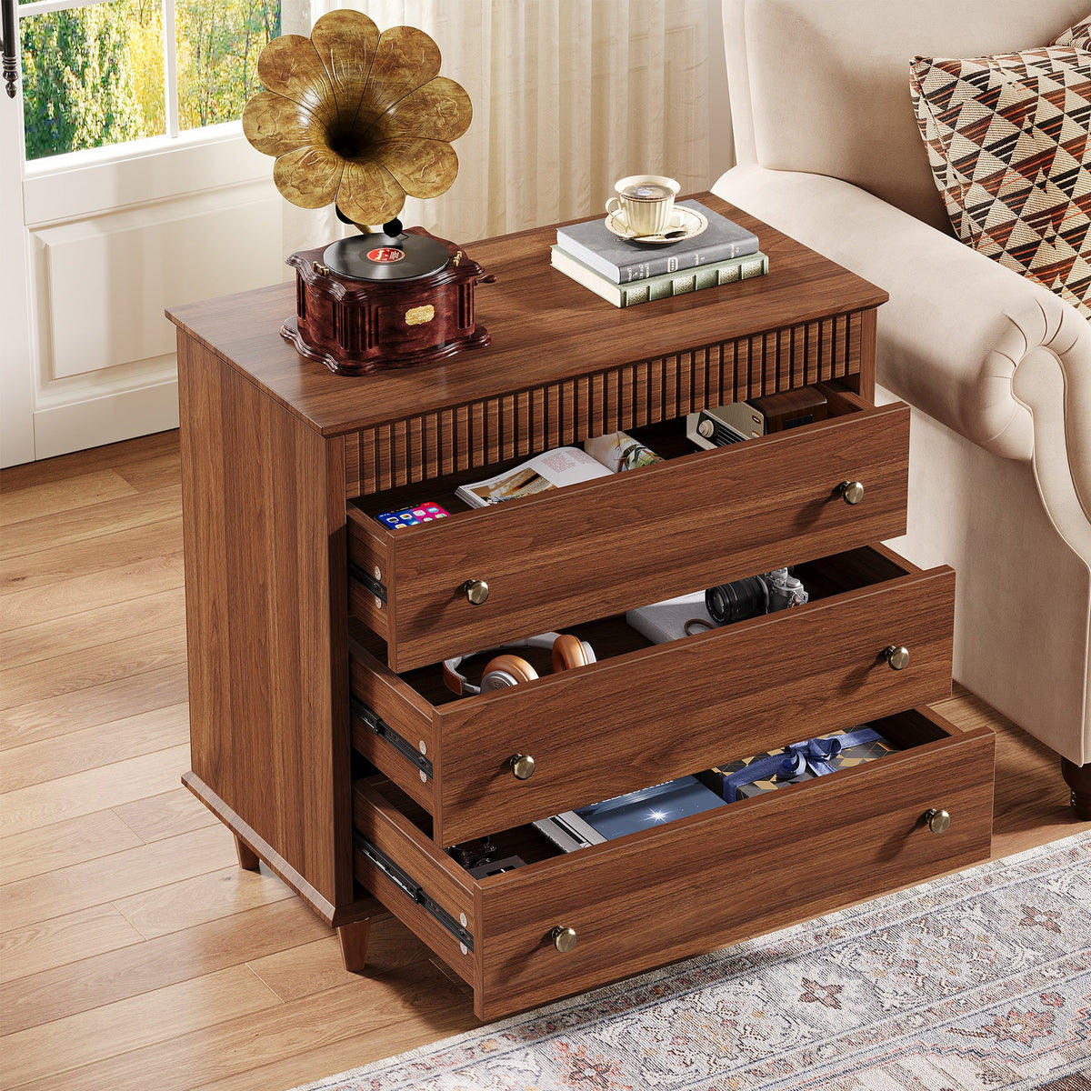 Nightstand with 3 Drawers, 31.5" Oversized Bedside Table with Mental Handles