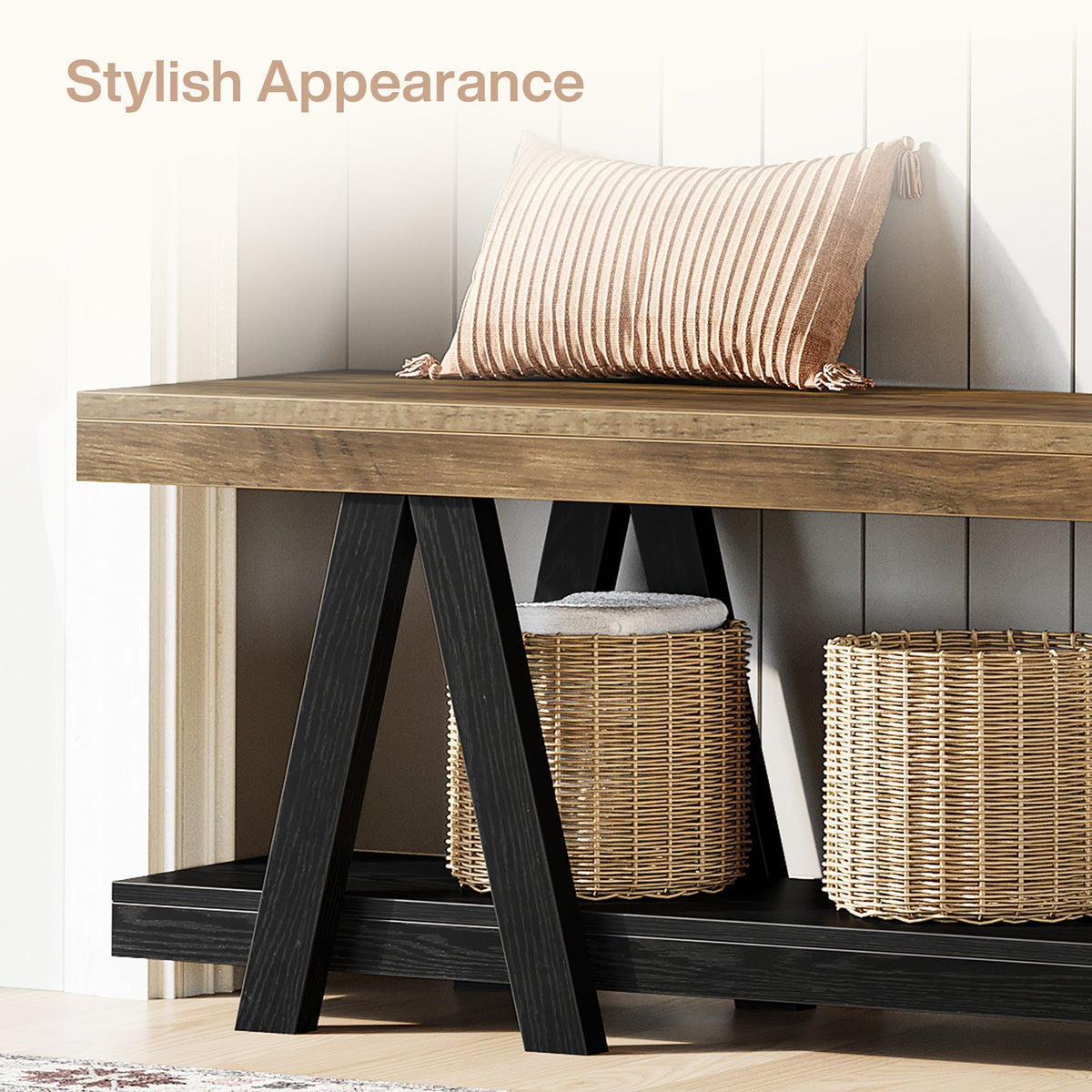 59.05" Entryway Bench with Shoe Storage, 2-Tier End of Bed Bench with Shelves
