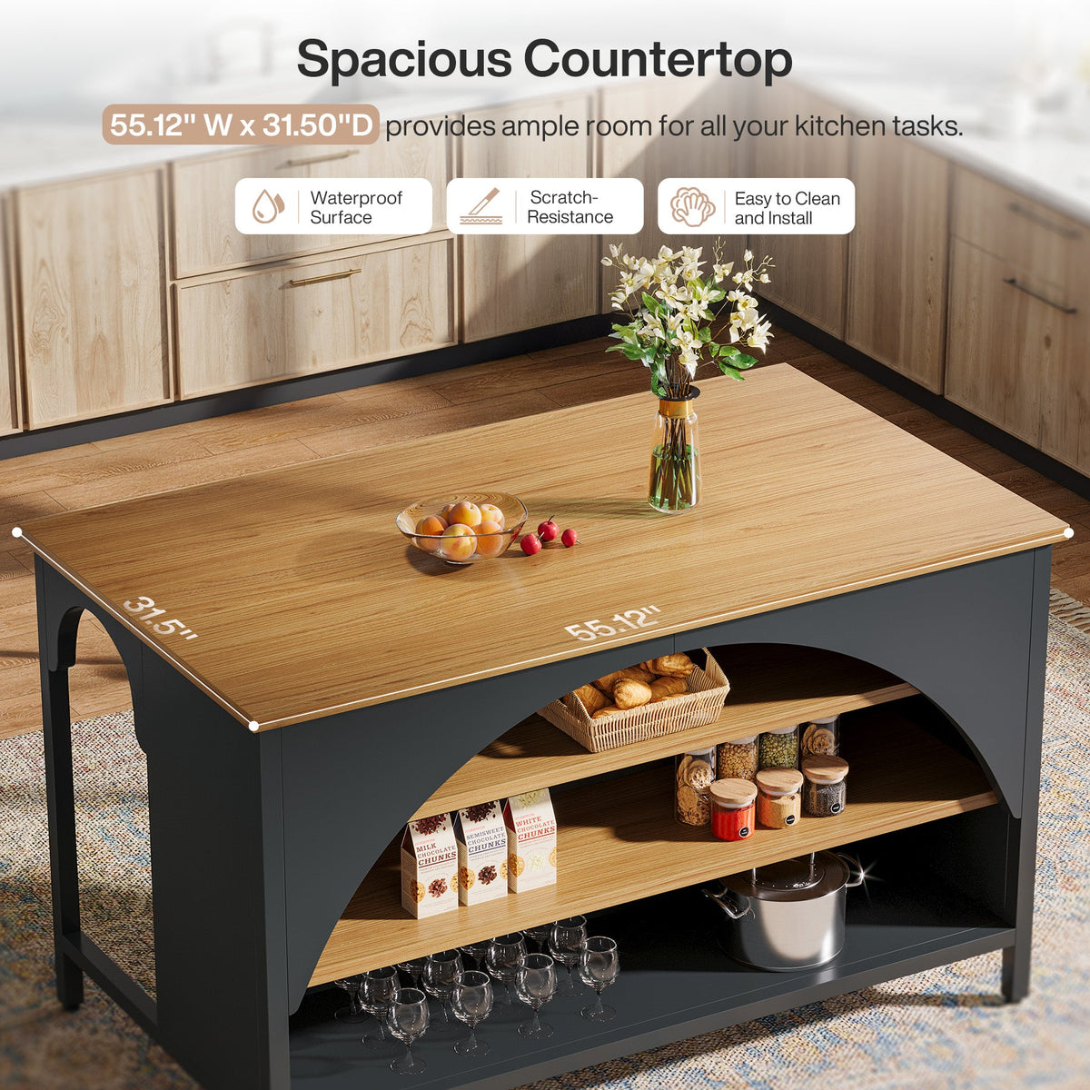Kitchen Island with 3 Storage Shelves, 55" Kitchen Shelf with Large Countertop