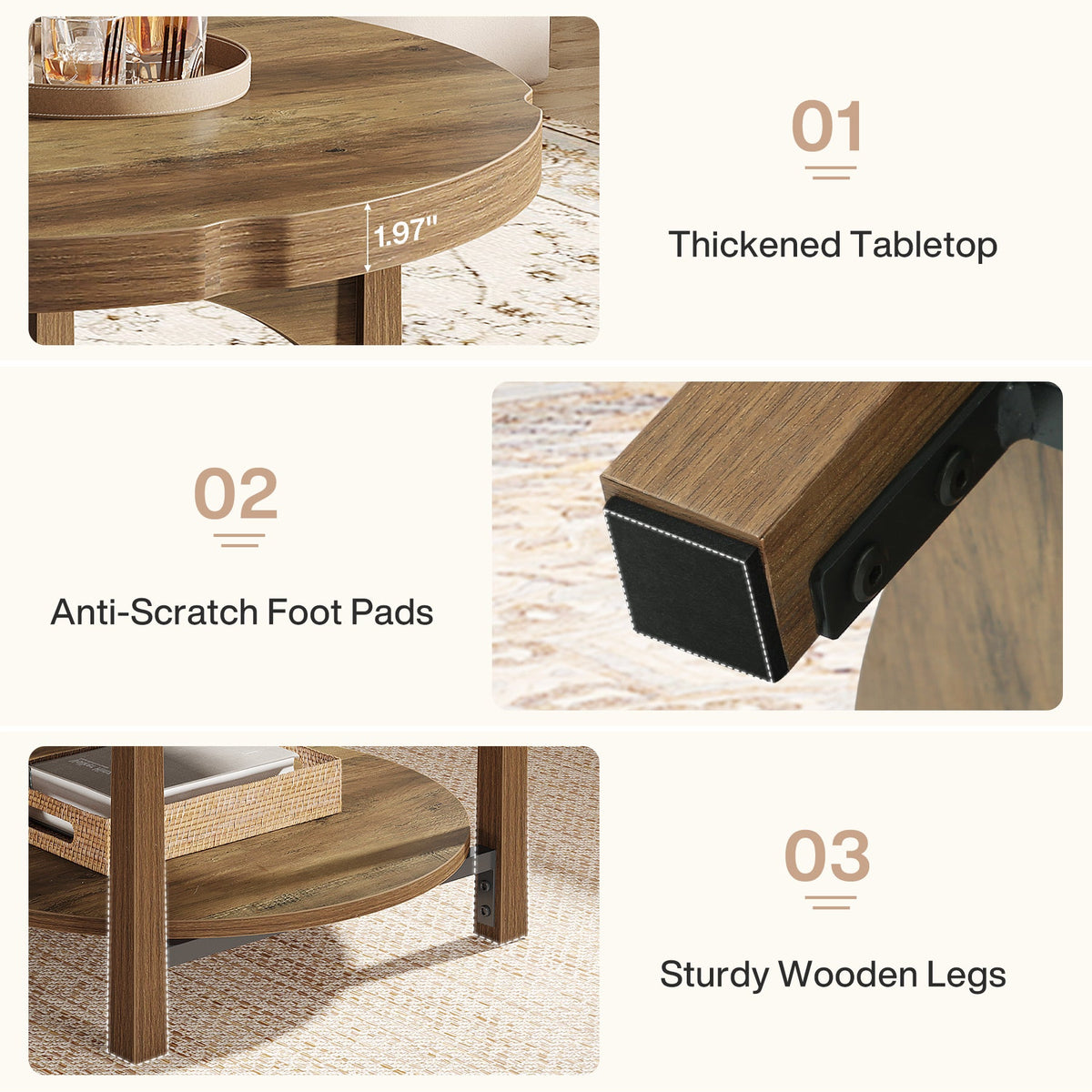 33.46" Round Coffee Table, 2-Tier Farmhouse Center Table with Storage Shelf