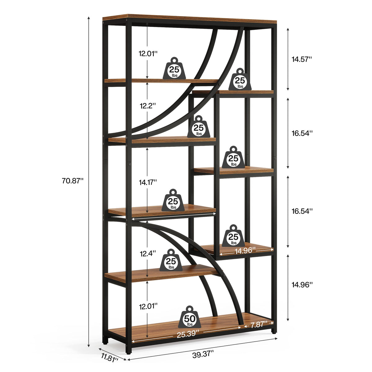 9-Tier Bookcase, 70.87" Industrial Etagere Bookshelf with Open Shelf