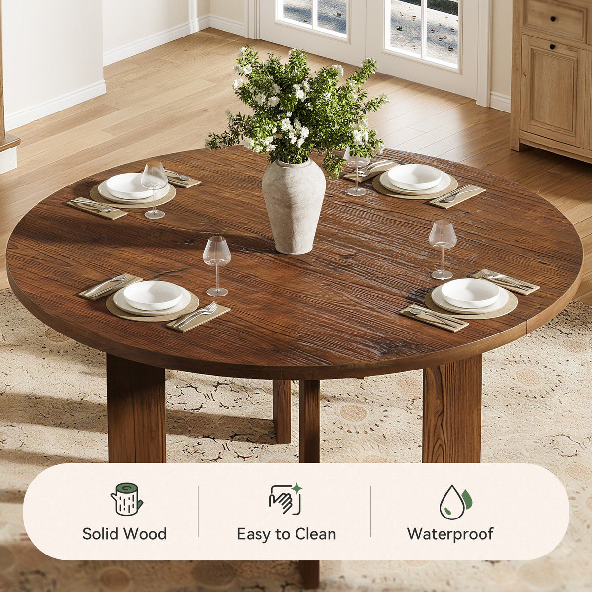Solid Wood Round Dining Table, 47.24" Farmhouse Kitchen Table for 4-6 People