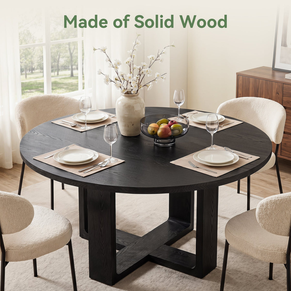 47.24" Round Solid Wood Dining Table, Black Kitchen Table for 4–6 with Cross-Shaped Base