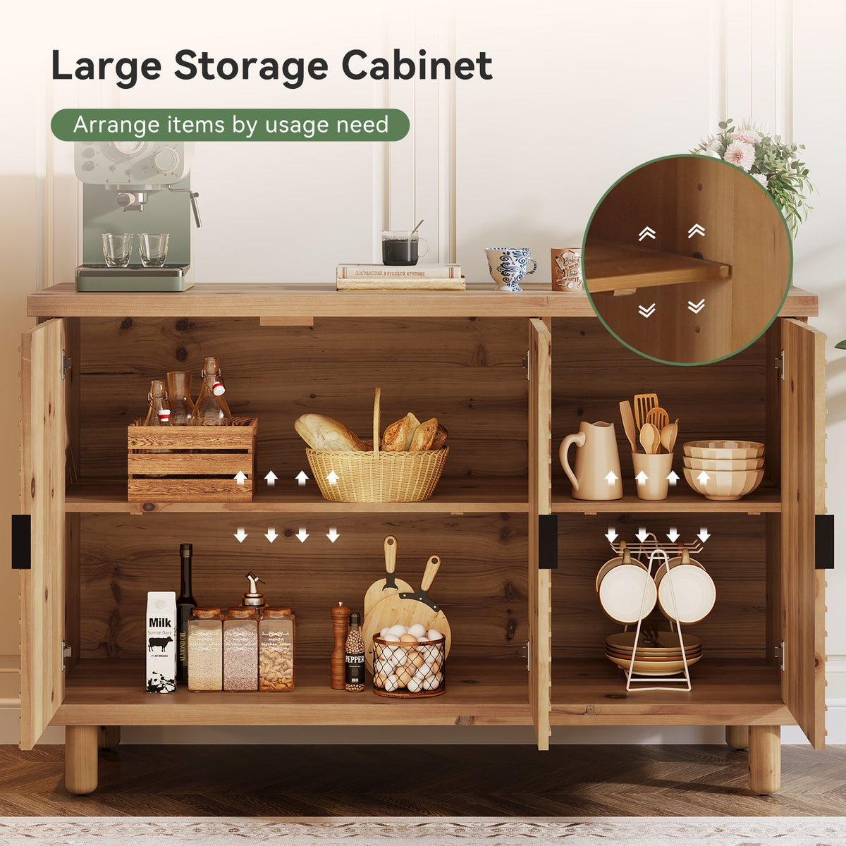 Wood Sideboard Buffet, Modern Kitchen Storage Cabinet with 2 Adjustable Shelves