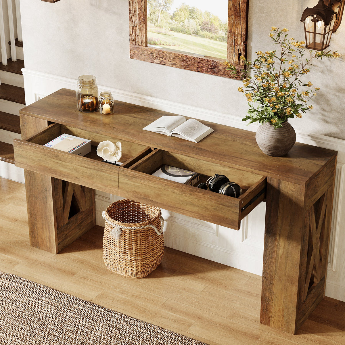 63" Console Table, Narrow Sofa Table with 2 Drawers and X-Shaped Legs