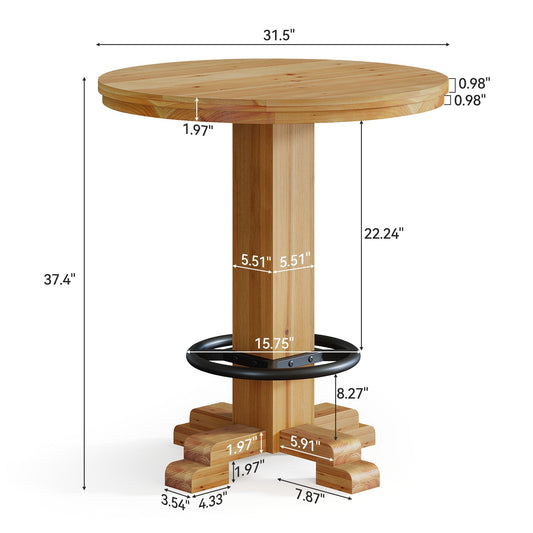 Solid Wood Round Bar Table, 37.4" H Bistro Pub Table with Metal Footrest