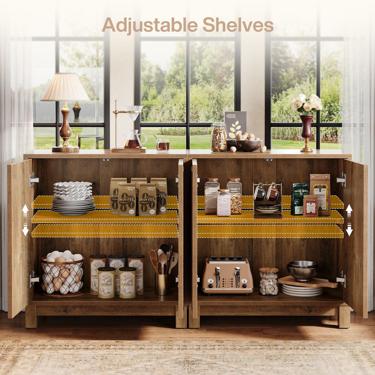 Fluted Sideboard Buffet Cabinet with Adjustable Shelves & 4 Push-Spring Doors