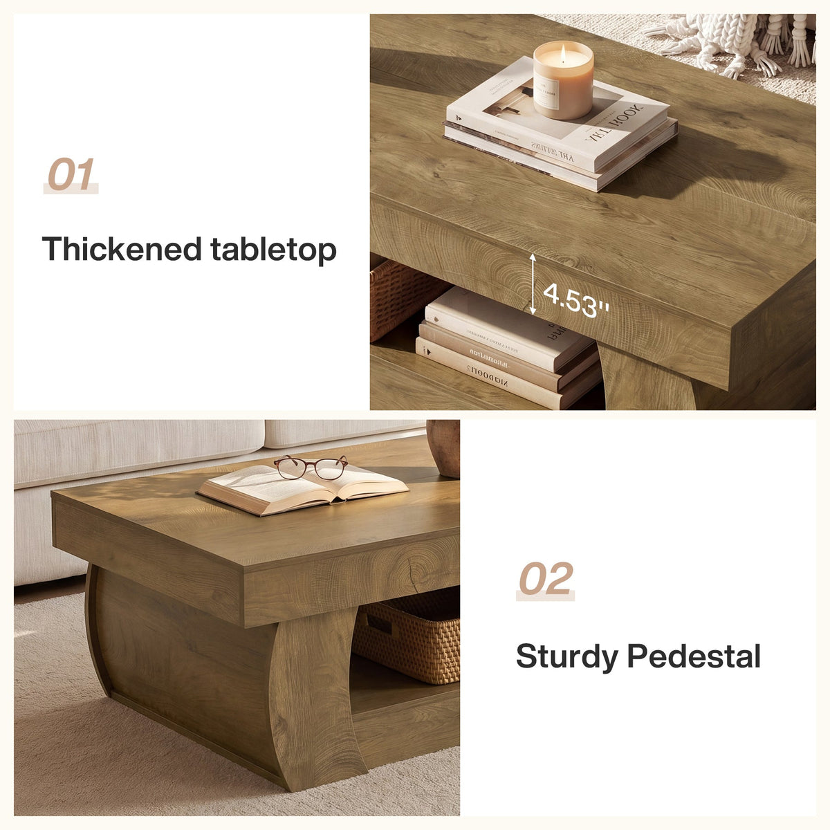 Tribesigns 55-Inch Wooden Coffee Table with 2-Tier Storage Shelf and Curved Legs, Modern Farmhouse Center Table for Living Room and Apartment