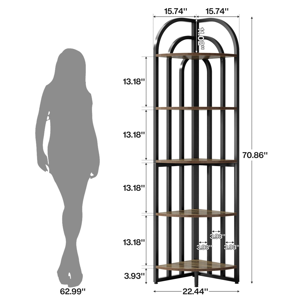 5-Tier Corner Shelf, 71" Tall Corner Bookshelf Display Rack
