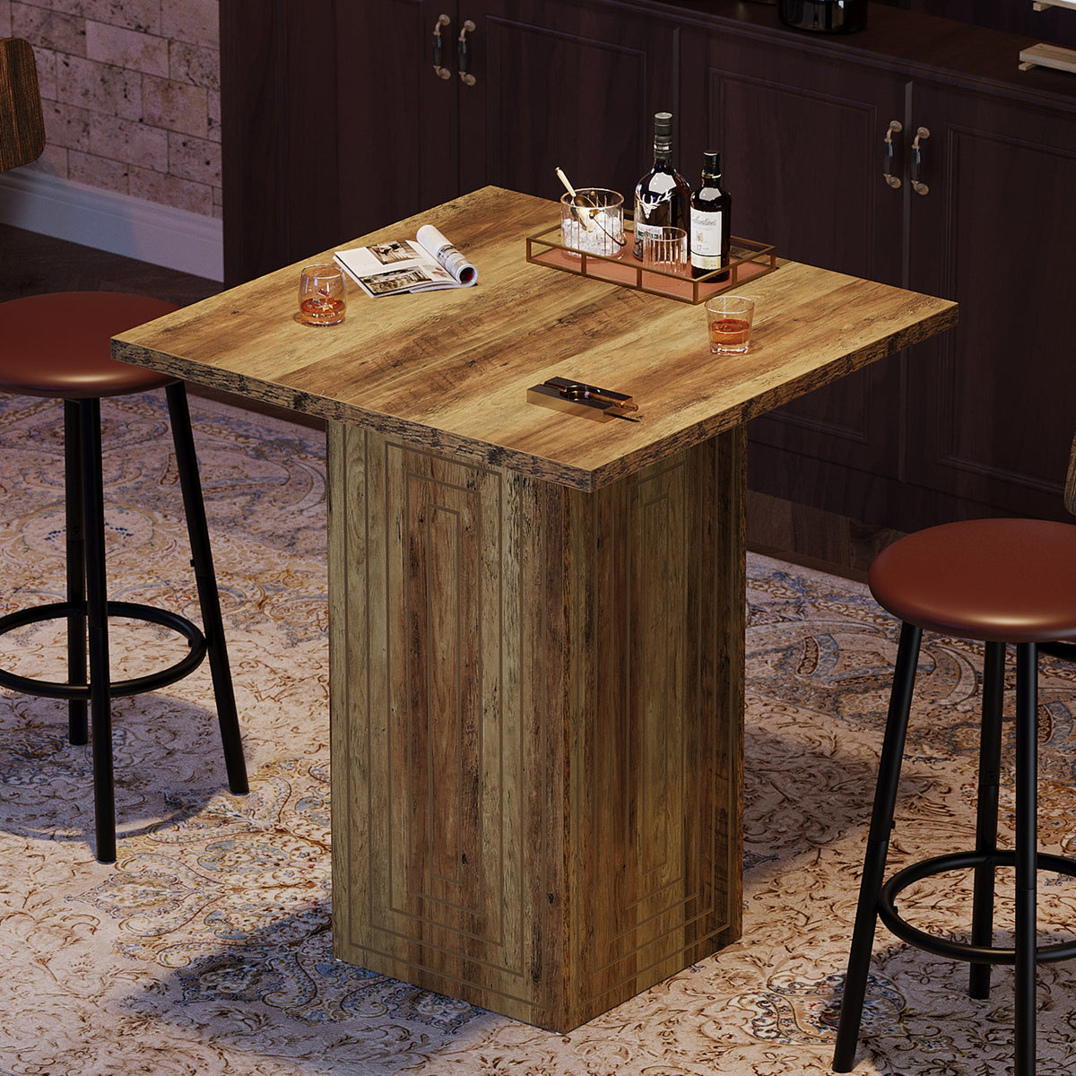 Square Bar Table, 31" Home Bar Unit Pub Table with Geometric Texture