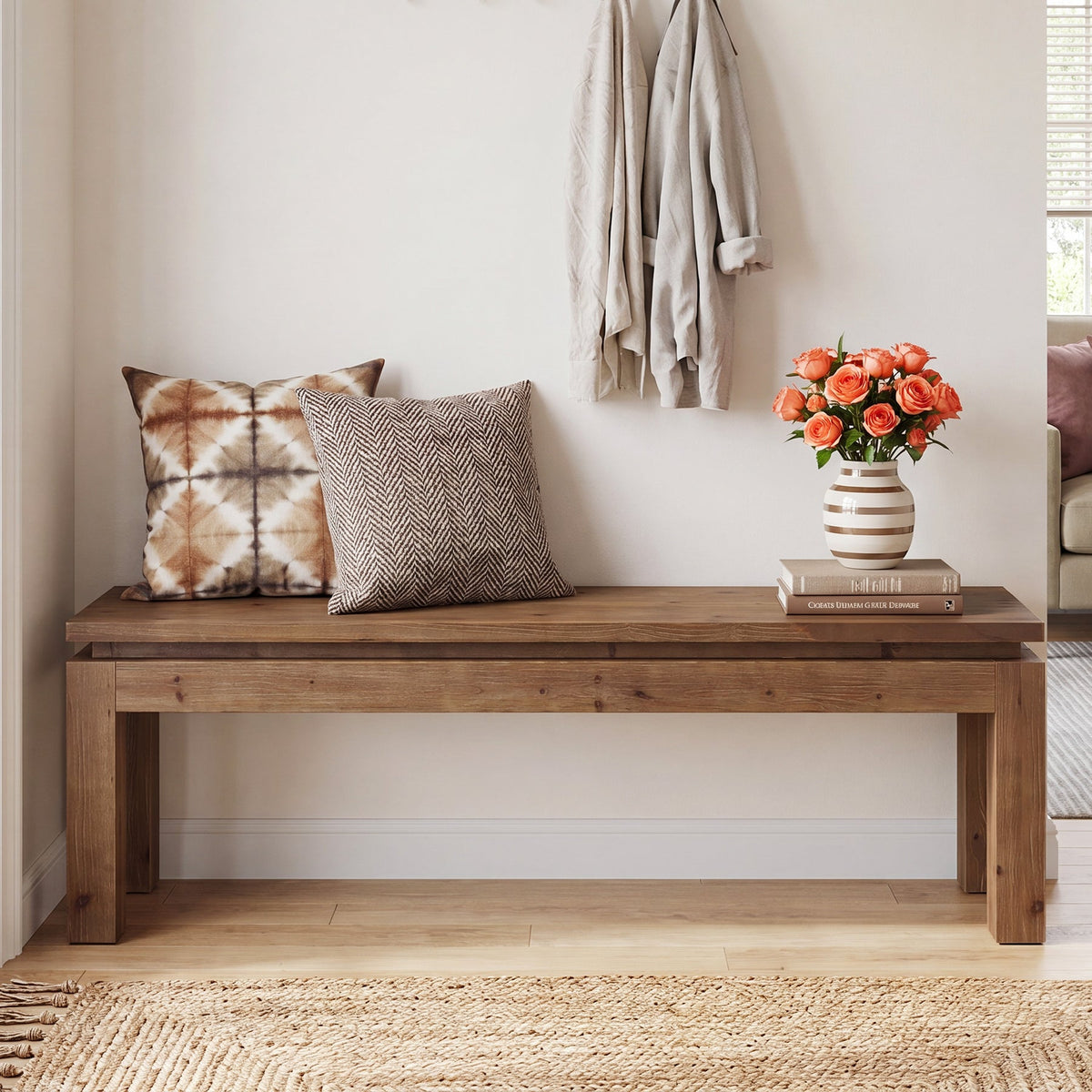 59" Solid Wood Entryway Bench, Farmhouse Shoe Bench Seat for Living Room