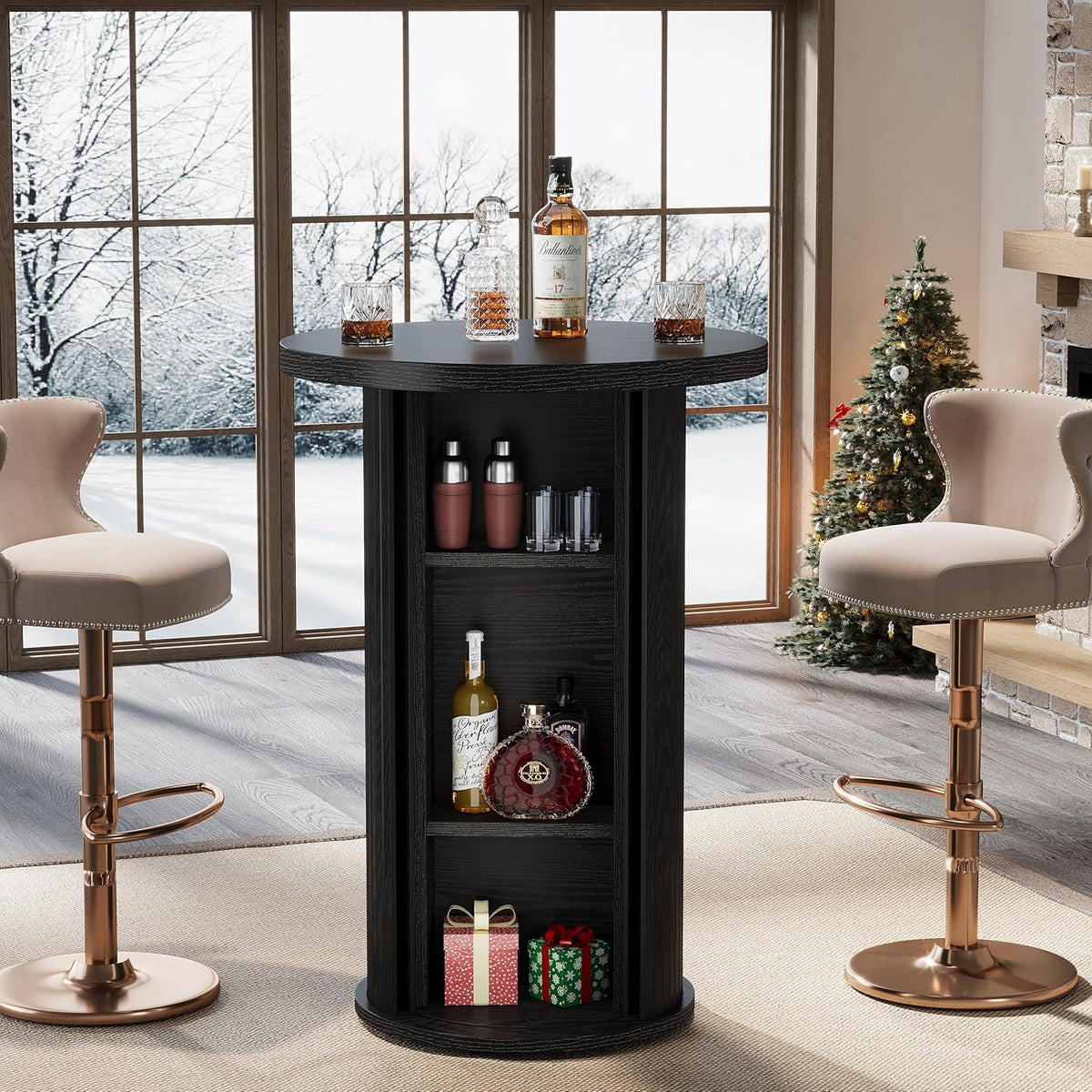35.4" Round Bar Table, High Top Pub Table with 3-Tier Hidden Storage Shelves