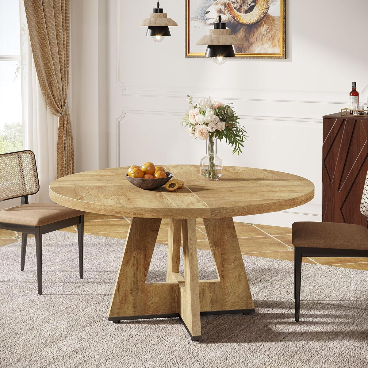 47" Farmhouse Dining Table, Round Wooden Kitchen Dinner Table for 4 People