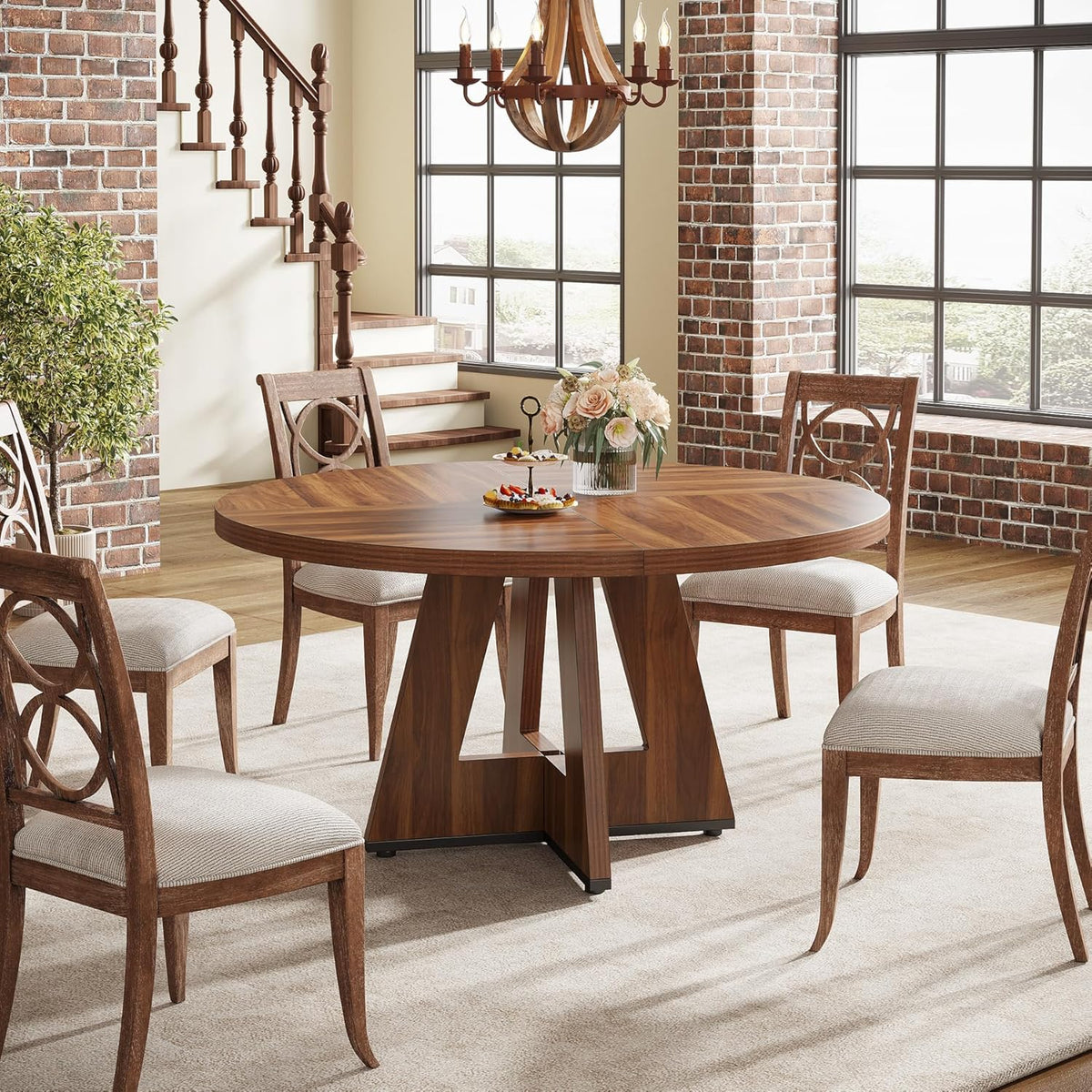 47" Farmhouse Dining Table, Round Wooden Kitchen Dinner Table for 4 People
