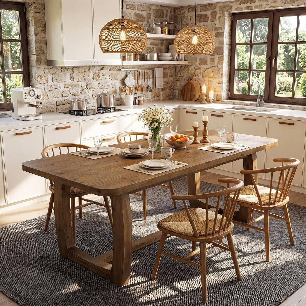 63" Solid Wood Dining Table, Farmhouse Rectangle Kitchen Table with U-Shaped Trestle Base