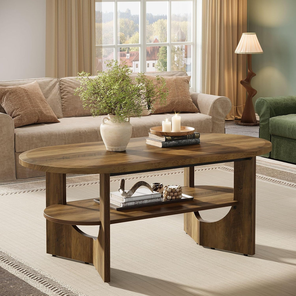 47.2" Coffee Table, Wooden Oval Center Table with 2 Tiers of Shelves