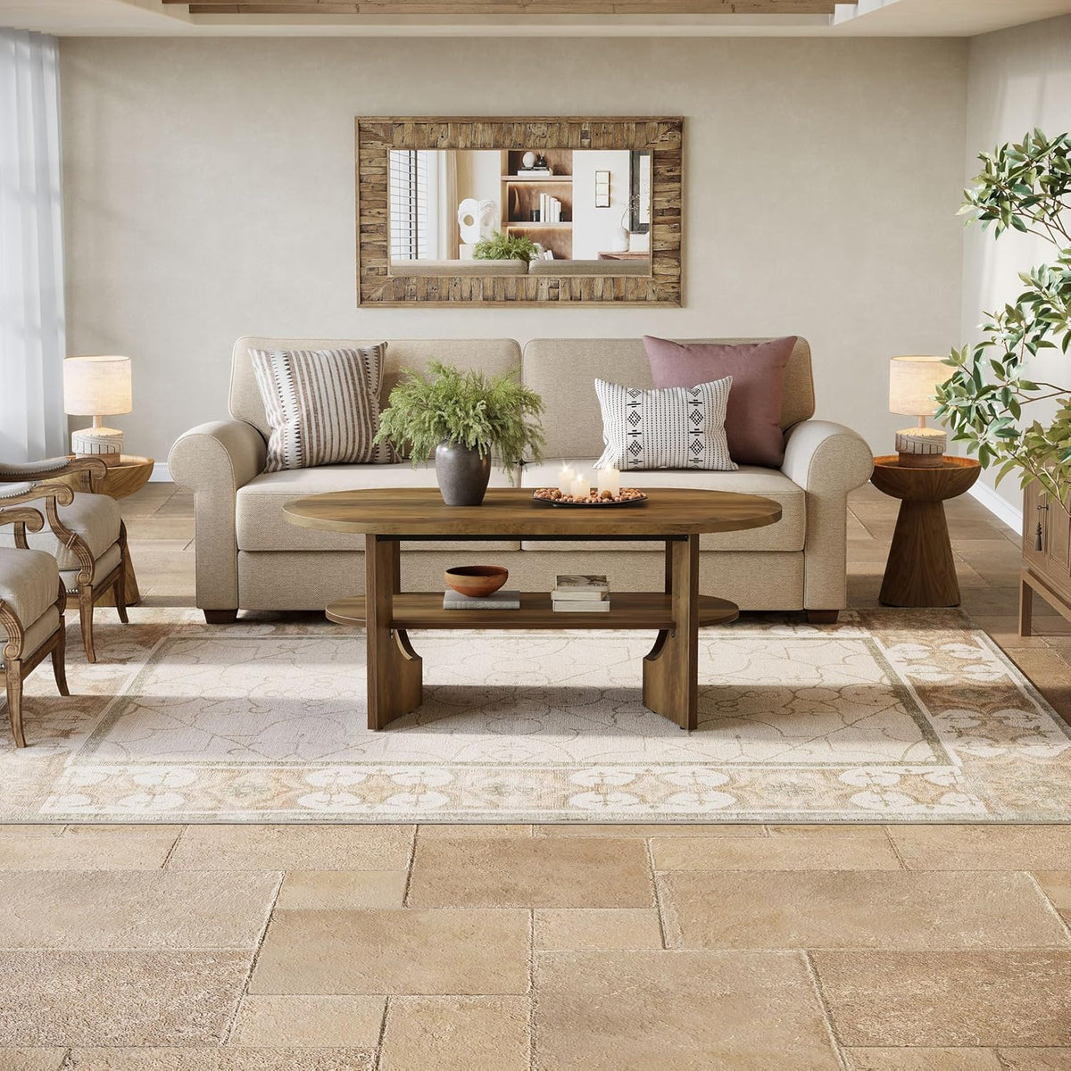 47.2" Coffee Table, Wooden Oval Center Table with 2 Tiers of Shelves