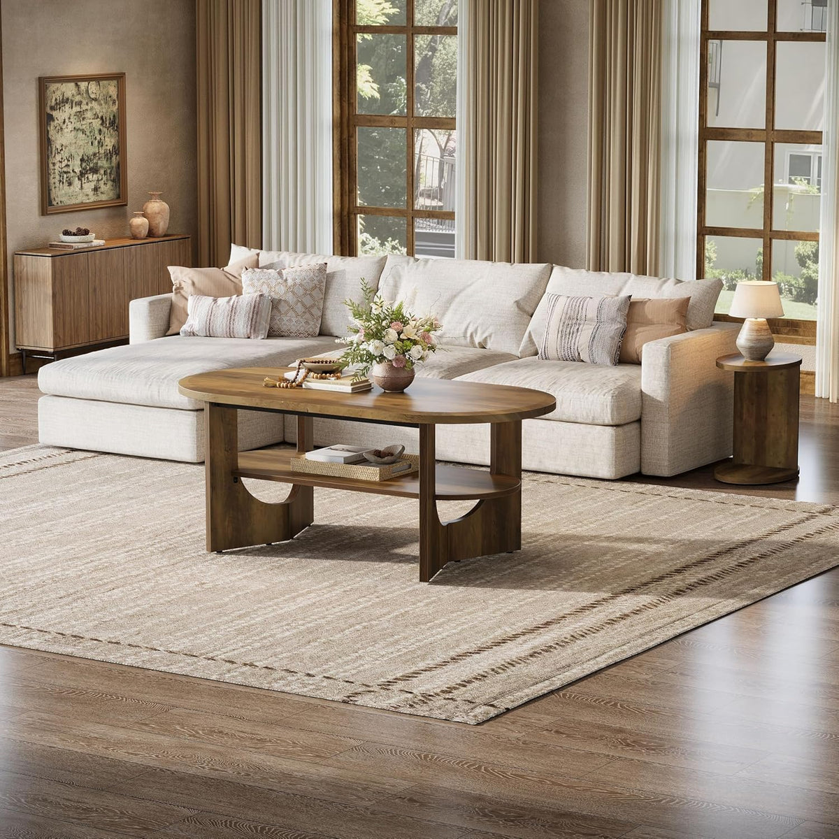 47.2" Coffee Table, Wooden Oval Center Table with 2 Tiers of Shelves