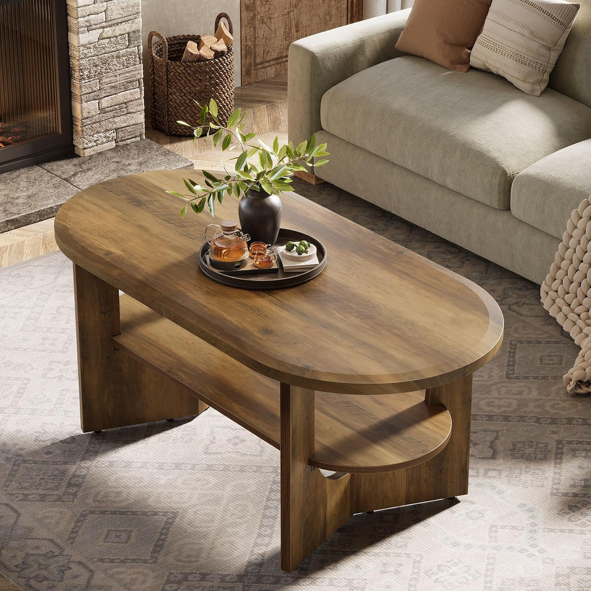 47.2" Coffee Table, Wooden Oval Center Table with 2 Tiers of Shelves