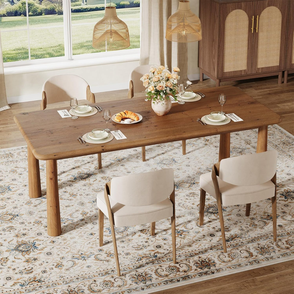 63" Rectangular Dining Table, Solid Wood Kitchen Table for 4 to 6 People