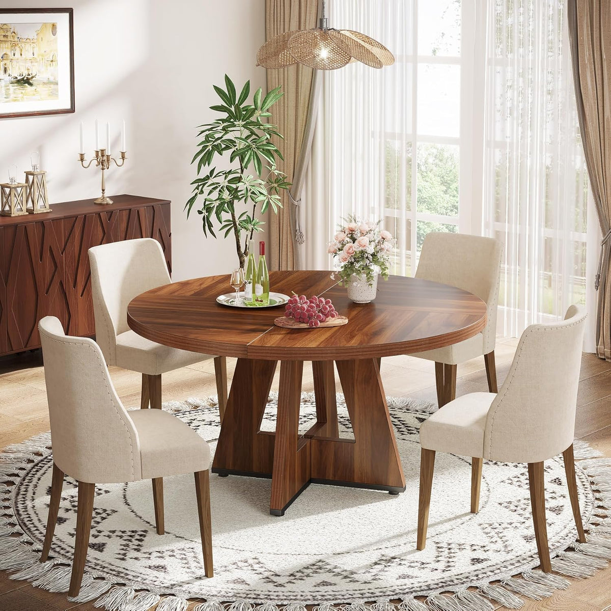 47" Farmhouse Dining Table, Round Wooden Kitchen Dinner Table for 4 People