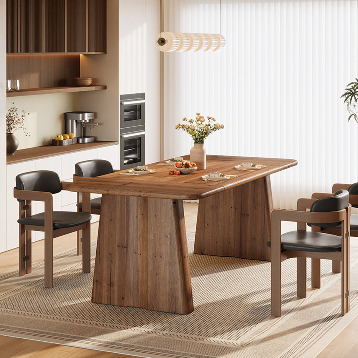 63" Rectangular Dining Table, Solid Wood Kitchen Dinner Table With Double Pedestal Legs