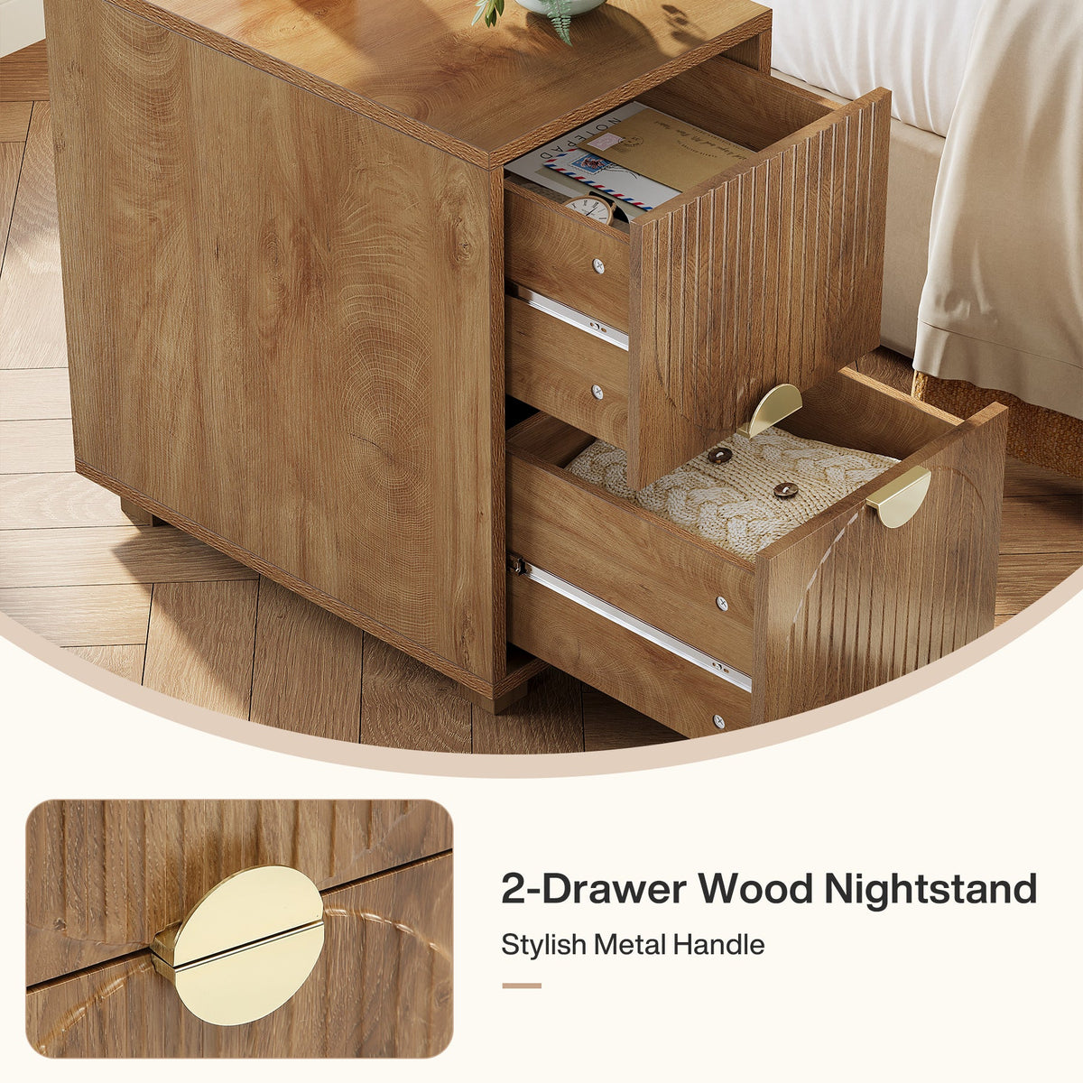 2-Drawer Nightstand, Narrow Bedside Table with Gold Metal Handle