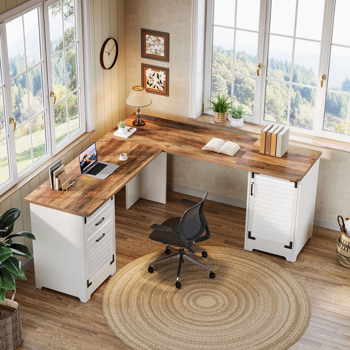L-Shaped Executive Desk, 59" Computer Desk with Drawers & Power Outlets