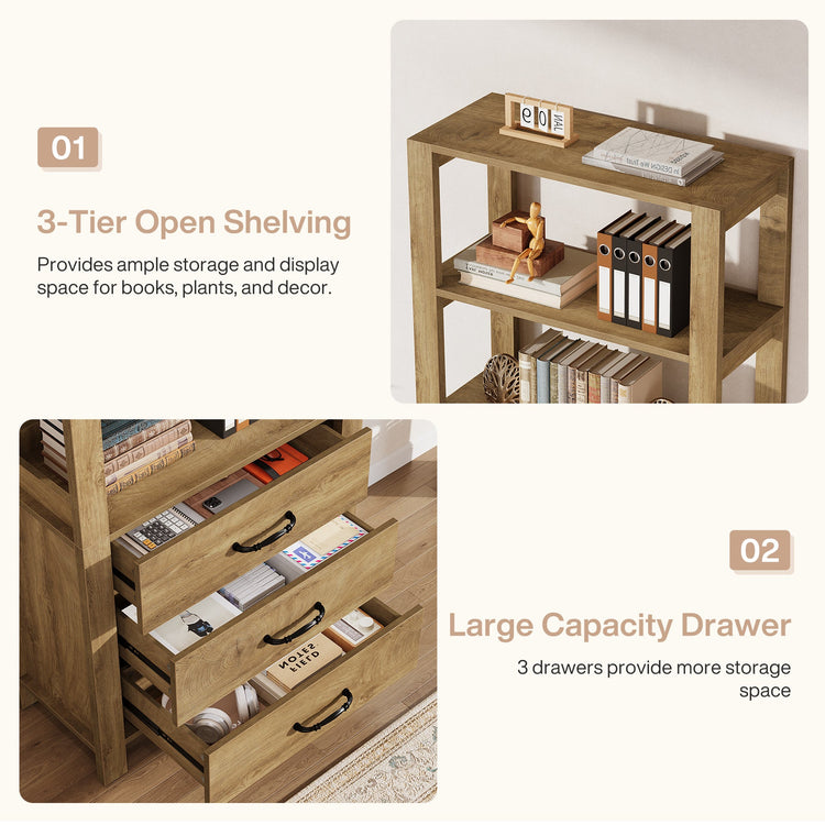 70.9" Bookshelf with Drawers, Modern Bookcase with 3-Tier Open Shelf