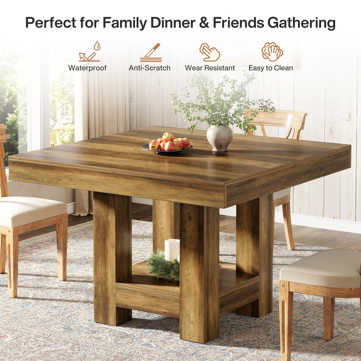 Square Dining Table, 39" Kitchen Dinner Table with Storage Shelf for 2-4