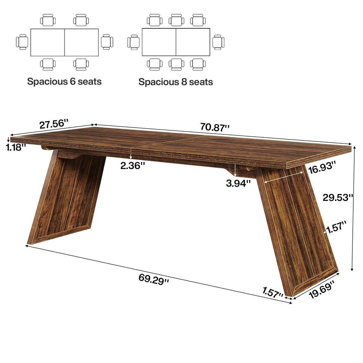 Rectangular Dining Table for 6-8 People, 70.87" Farmhouse Kitchen Table