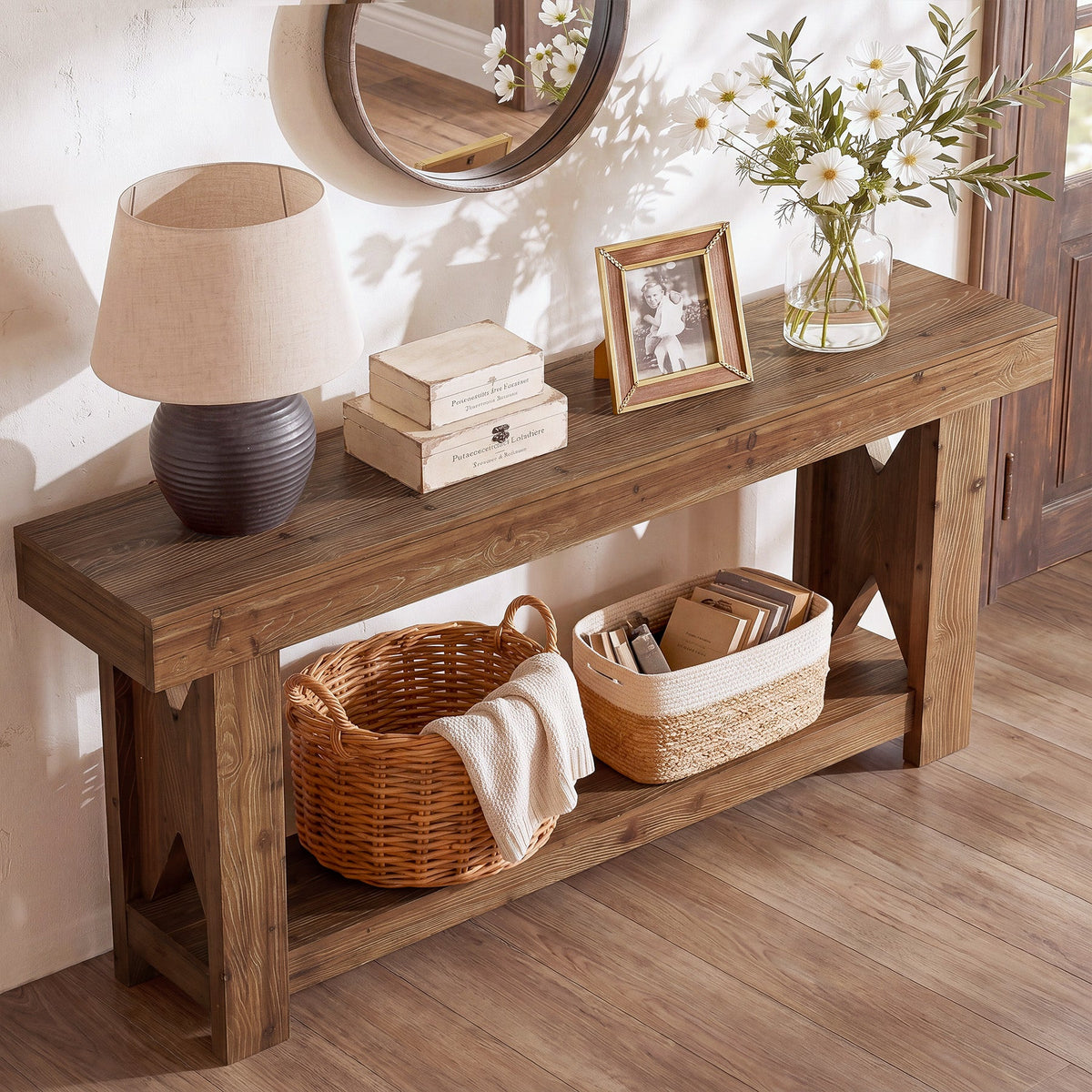 63" Solid Wood Console Table, 2-Tier Entryway Sofa Table with X-Shaped Support Frame