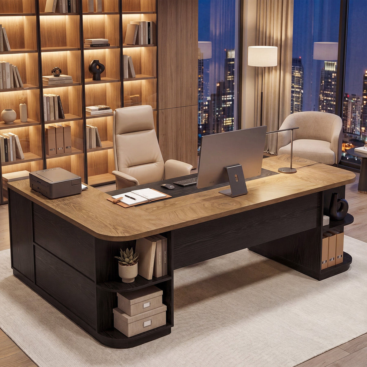 86.6" L-Shaped Executive Desk, Large Computer Desk with Drawers & 55" File Cabinet