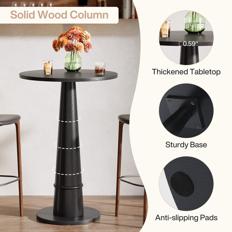 Round Bar Table, 37.4" High Pub Cocktail Table with Solid Wood Pillar