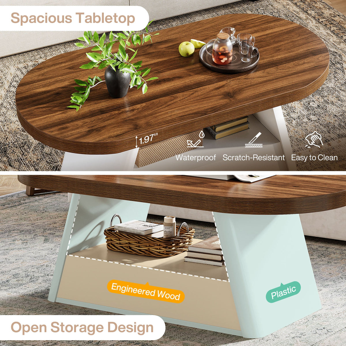 47" Oval Coffee Table, Modern Center Tea Table with 2-Tier Storage