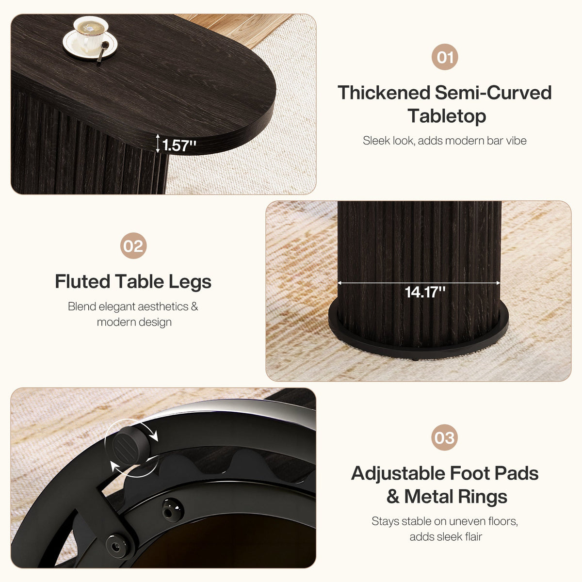 63" Bar Table, Counter Height Pub Table with Fluted Cylindrical Base