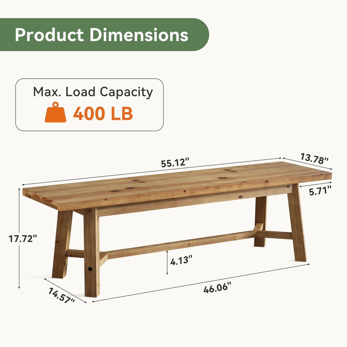 55" Solid Wood Bench, Farmhouse Long Bench Seat for Entryway