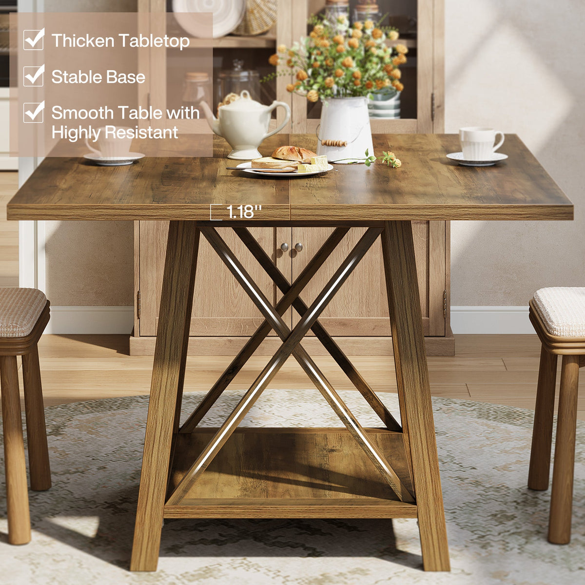 Square Dining Table for 4, 39.37" Kitchen Table with Shelf Storage