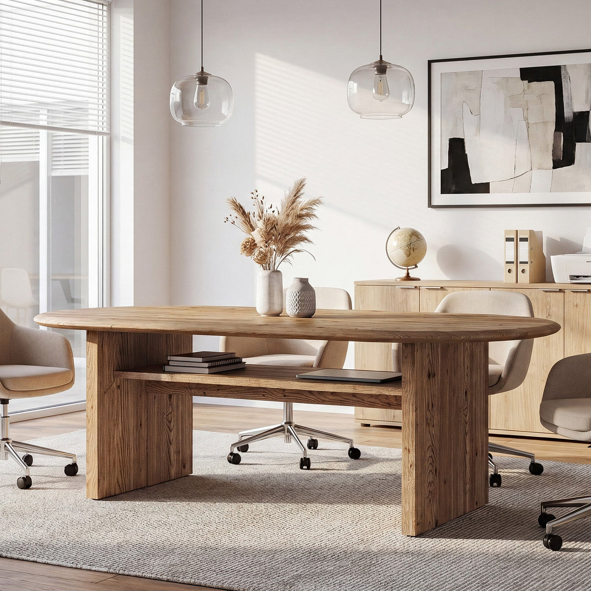 63" Solid Wood Executive Desk, Oval Computer Desk with Storage Shelf for Home Office