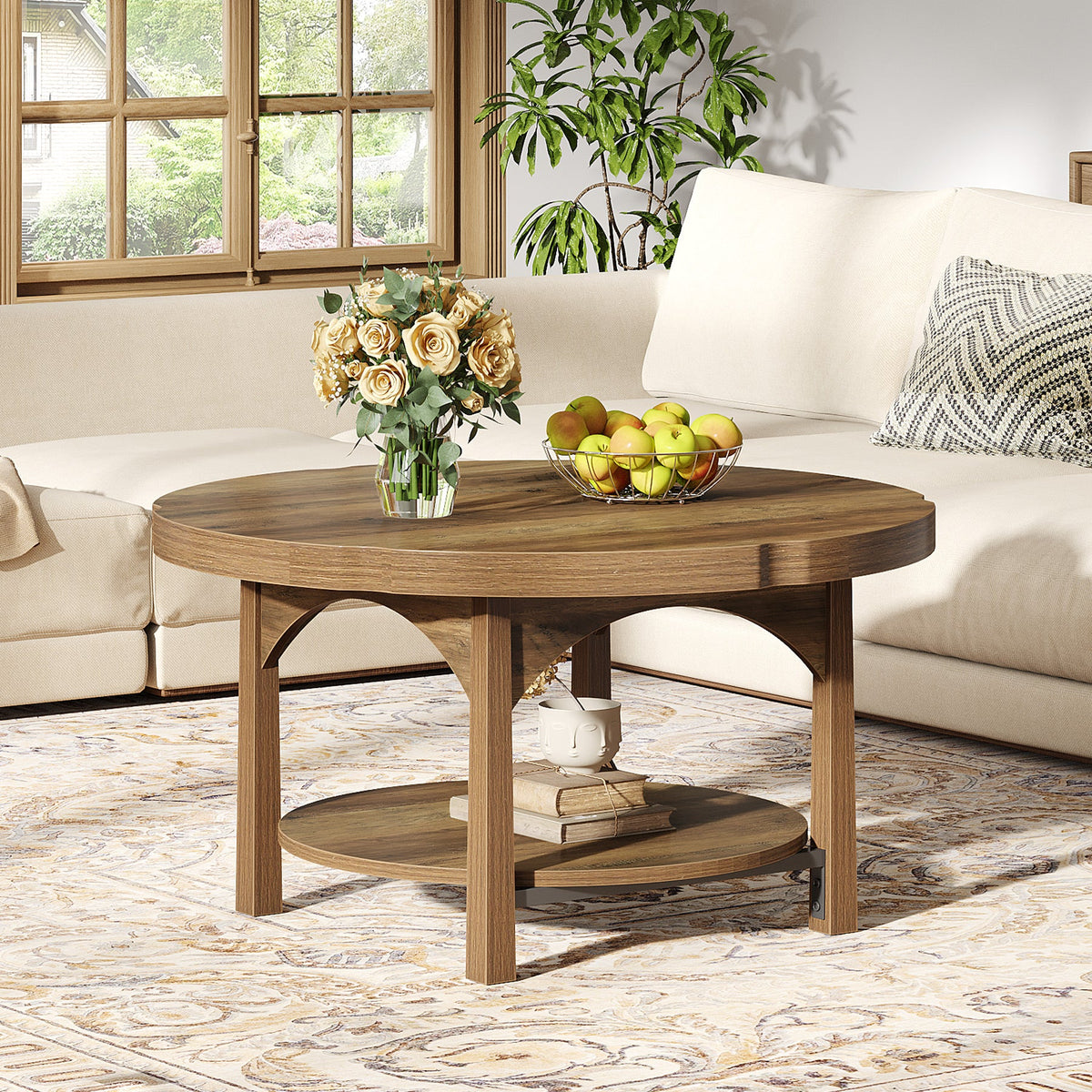 33.46" Round Coffee Table, 2-Tier Farmhouse Center Table with Storage Shelf