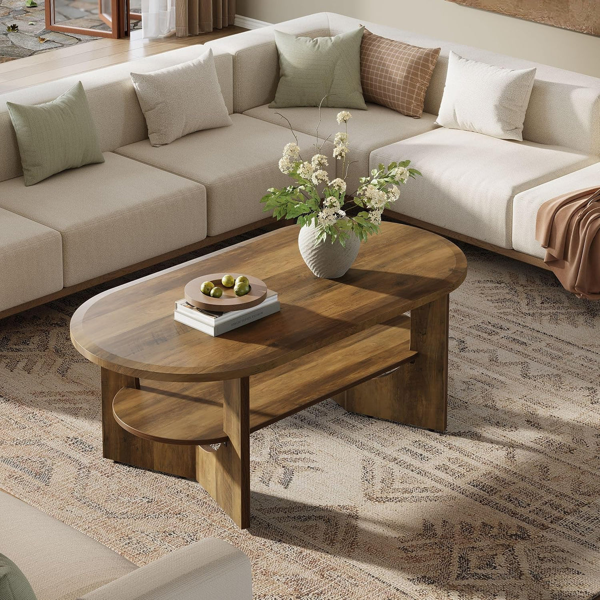 47.2" Coffee Table, Wooden Oval Center Table with 2 Tiers of Shelves