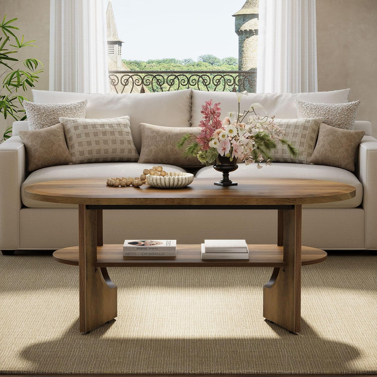 47.2" Coffee Table, Wooden Oval Center Table with 2 Tiers of Shelves