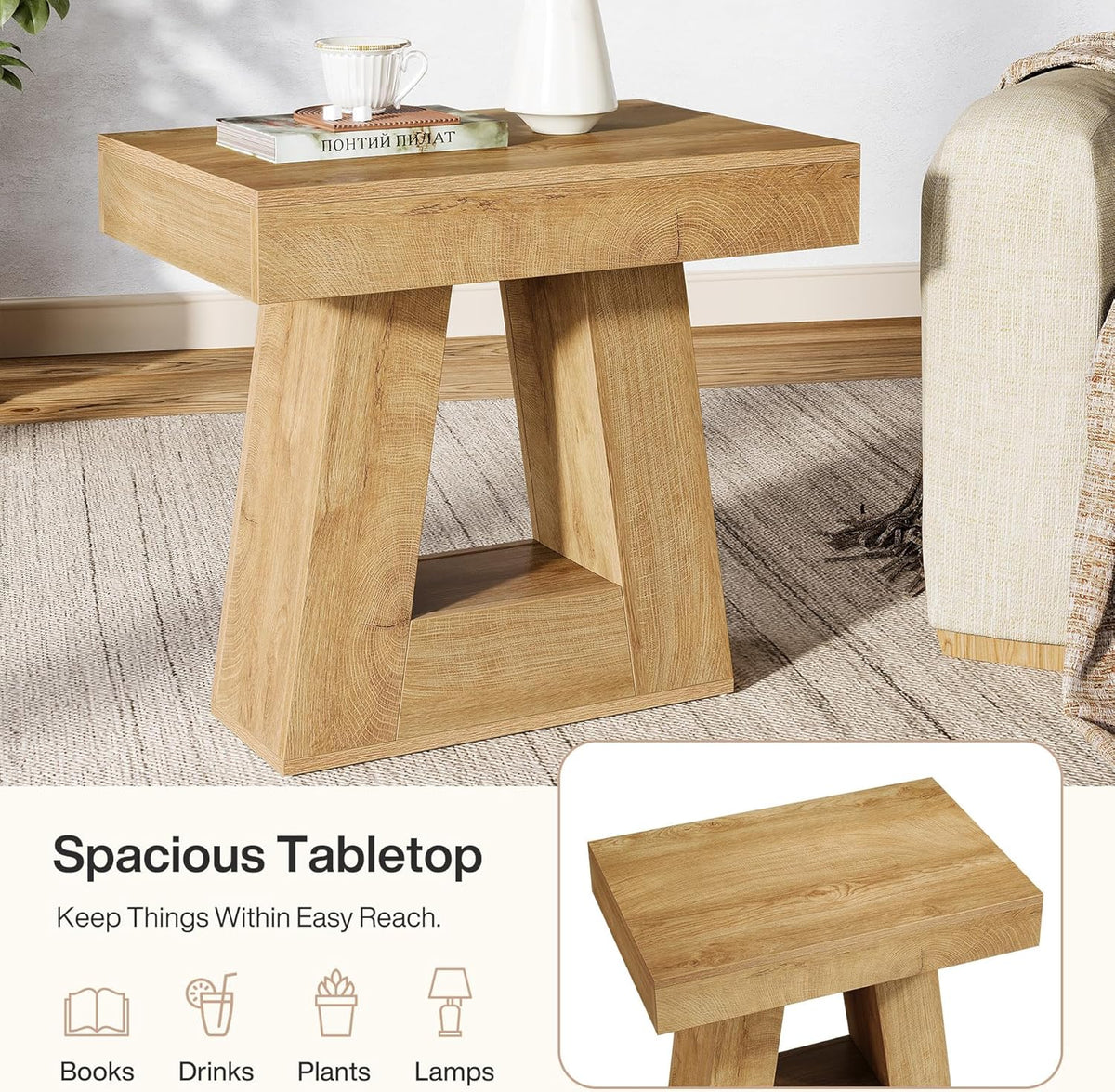24" End Table, 2 - Tier Narrow Side Table with Trapezoid Base Tribesigns