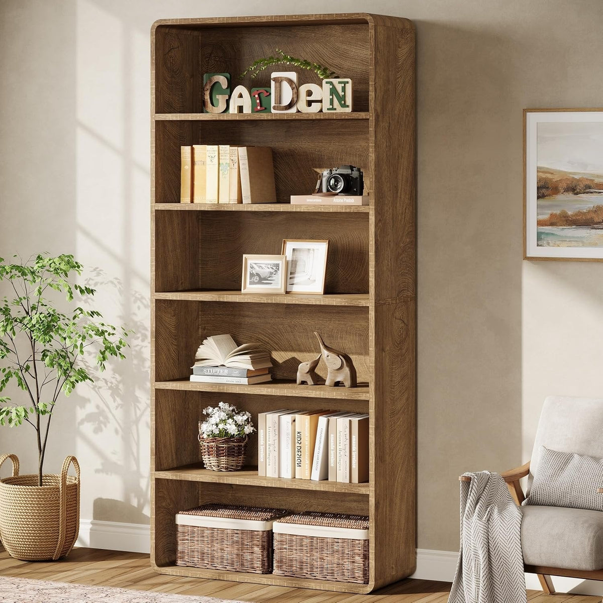 71" Wooden Bookcase, 6-Tier Modern Bookshelf Display Shelf for Home Office