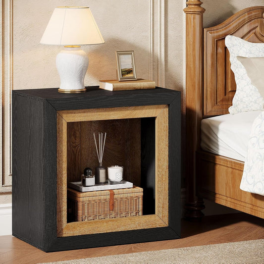 23.6" Nightstand, Wooden Cube Bedside Table with Frame-Inspired Design