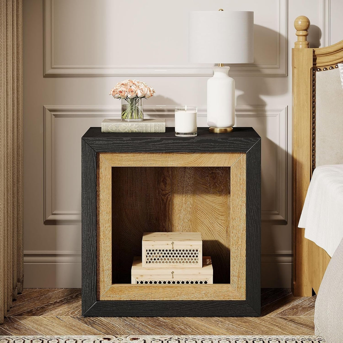 23.6" Nightstand, Wooden Cube Bedside Table with Frame-Inspired Design
