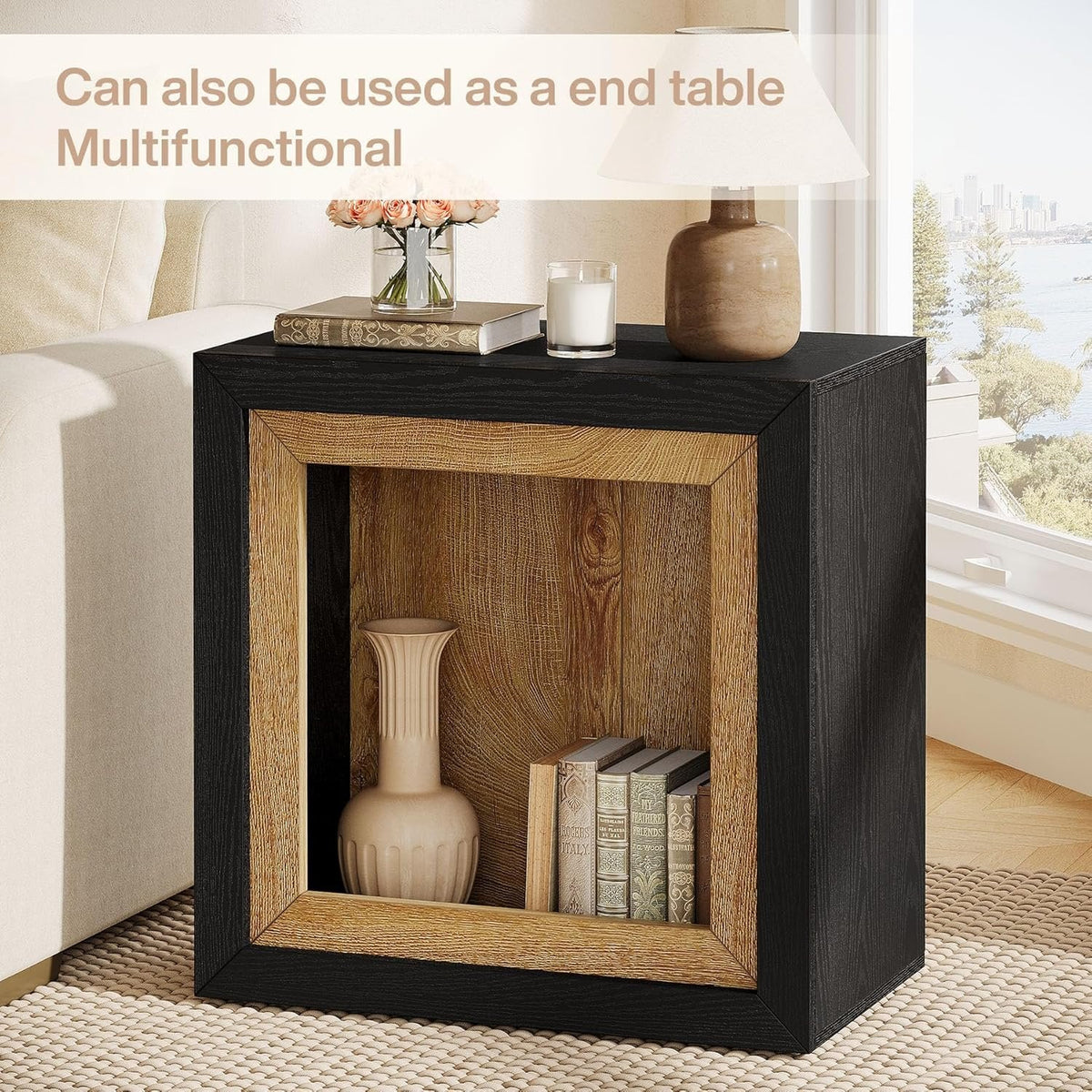 23.6" Nightstand, Wooden Cube Bedside Table with Frame-Inspired Design