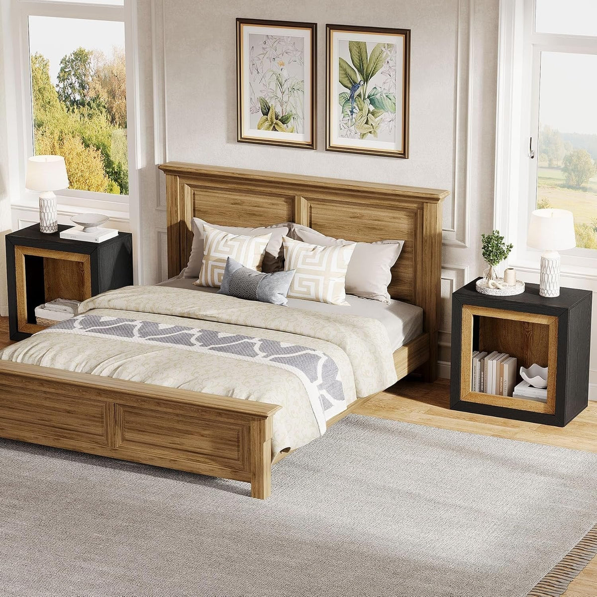 23.6" Nightstand, Wooden Cube Bedside Table with Frame-Inspired Design