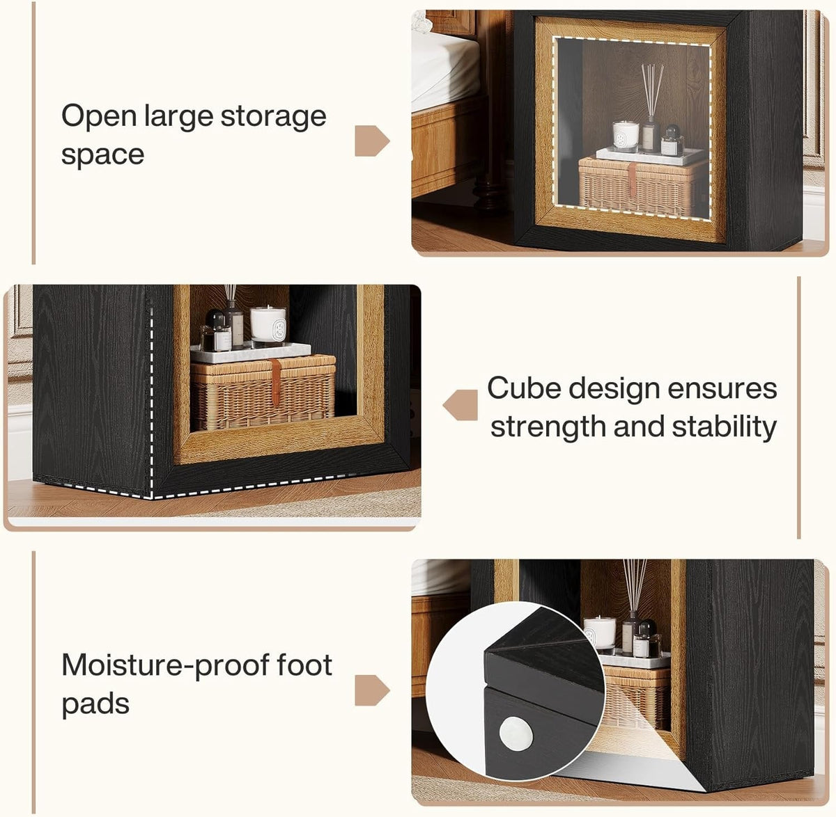 23.6" Nightstand, Wooden Cube Bedside Table with Frame-Inspired Design