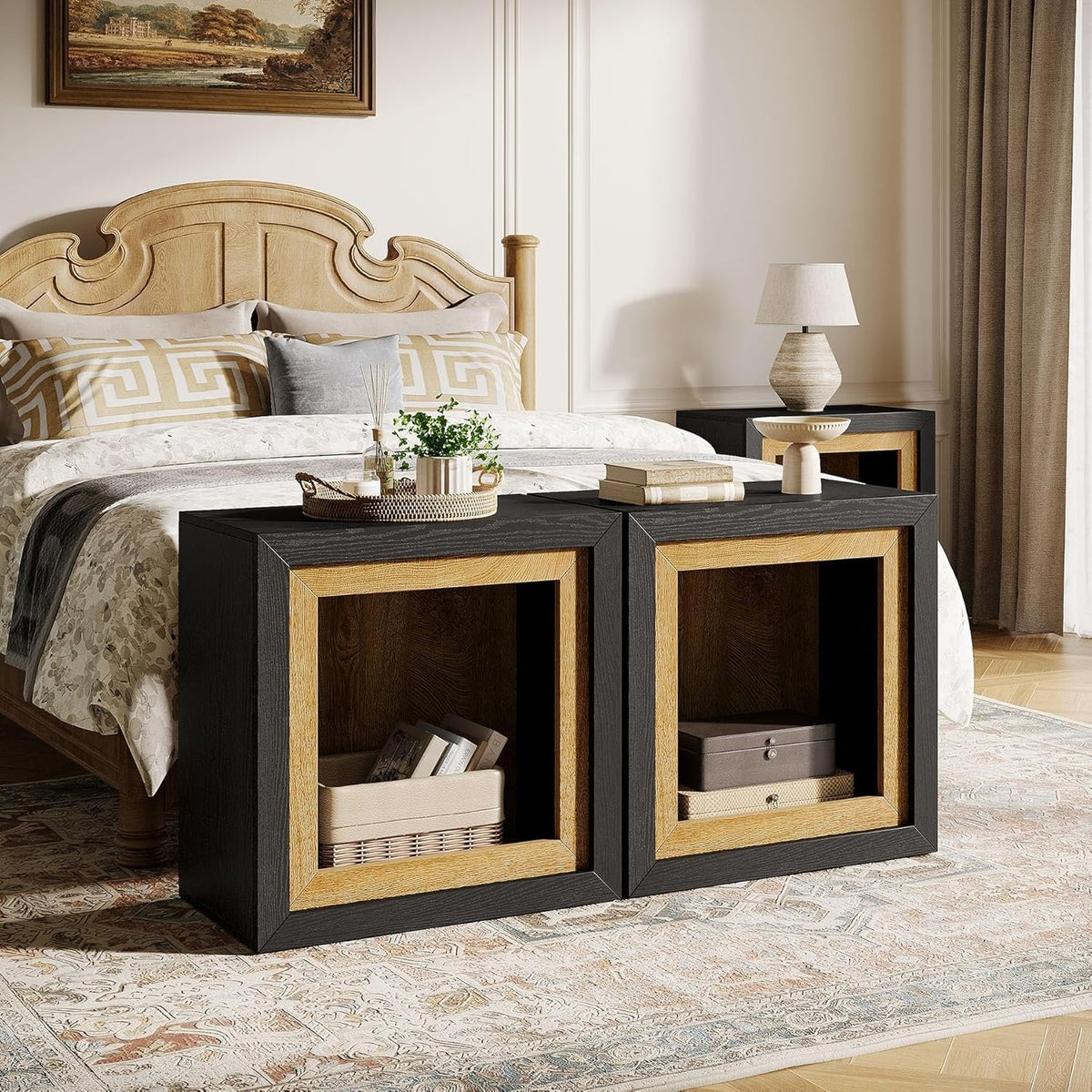 23.6" Nightstand, Wooden Cube Bedside Table with Frame-Inspired Design